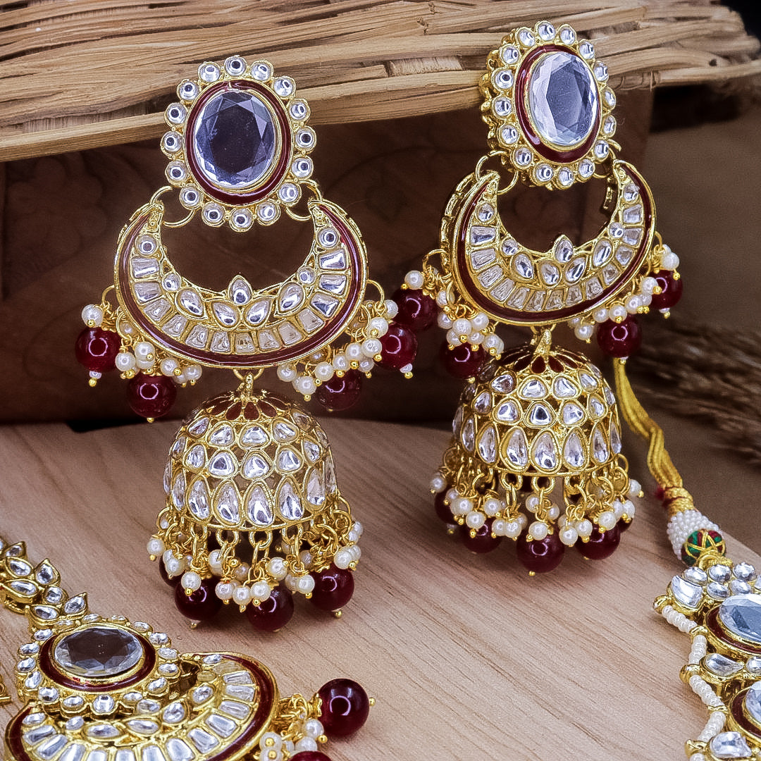 Nimrat Semi Bridal Choker Set With Jhumka + Teeka - Maroon