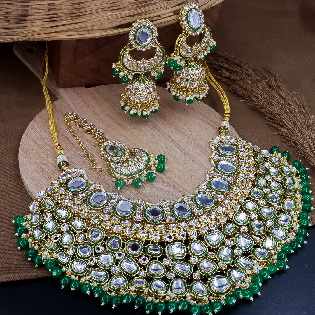 Nimrat Semi Bridal Choker Set With Jhumka + Teeka - Green