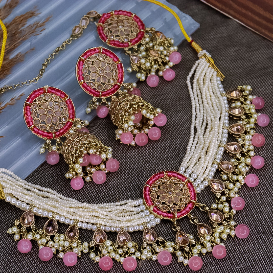 Shreya Reverse AD Choker With Mangtika And Earrings