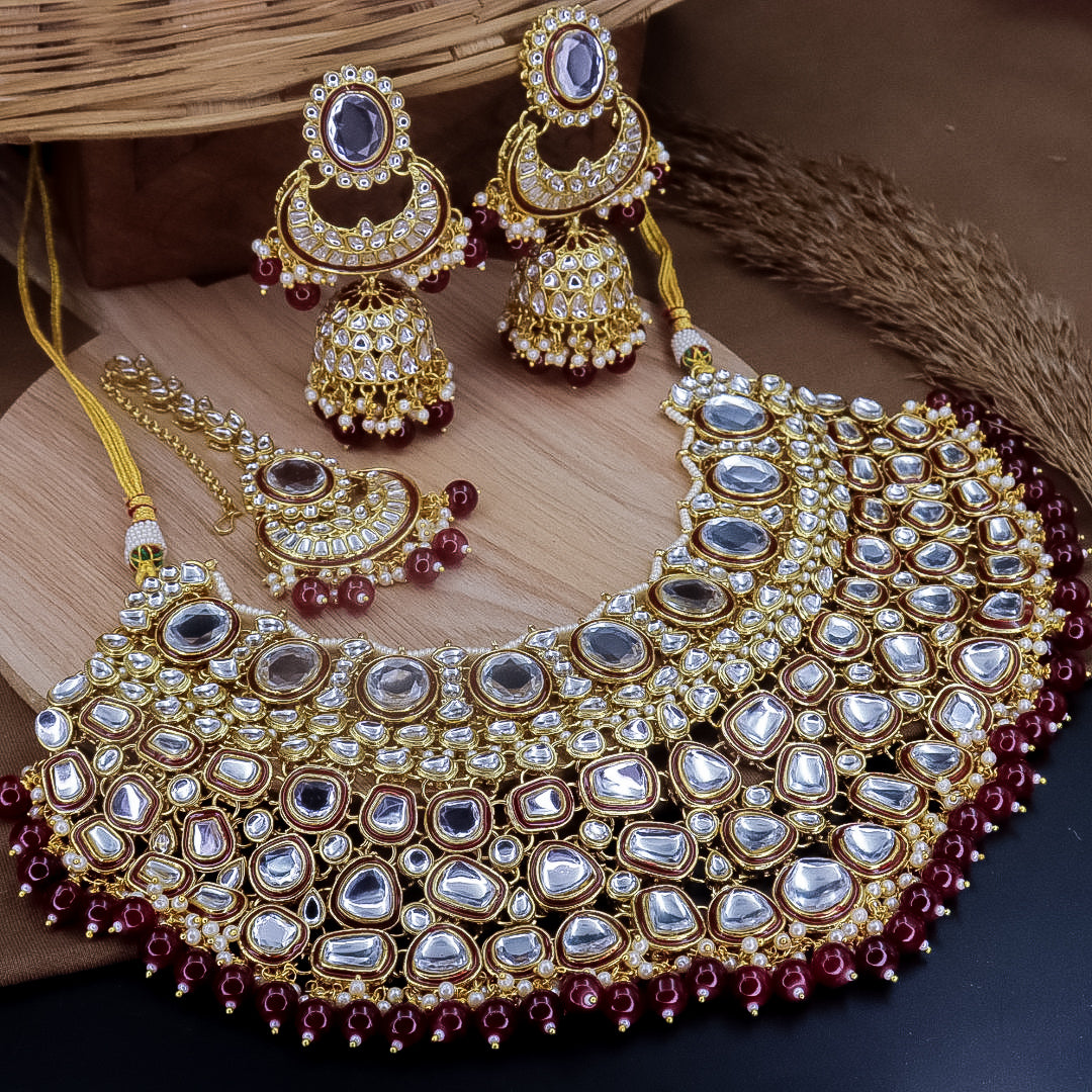 Nimrat Semi Bridal Choker Set With Jhumka + Teeka - Maroon