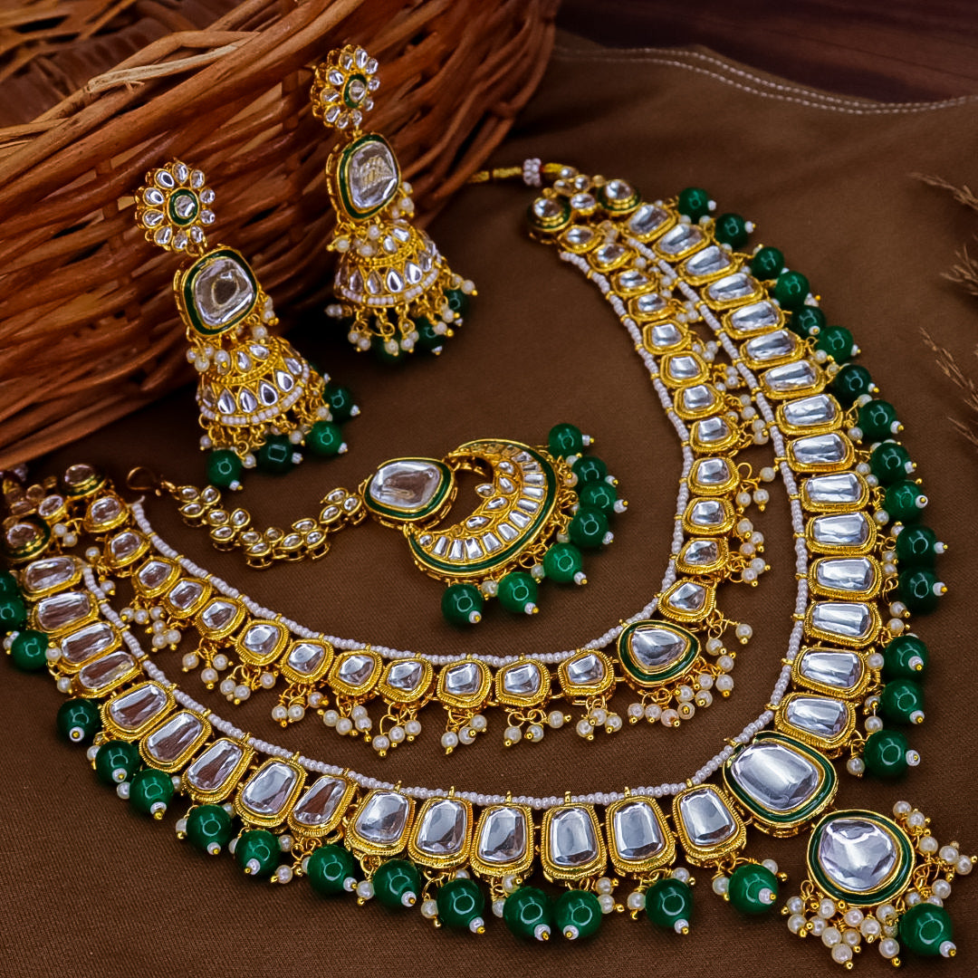 Green - Ansha Long 2 Layer Heavy Set With Jhumka And Mangtika