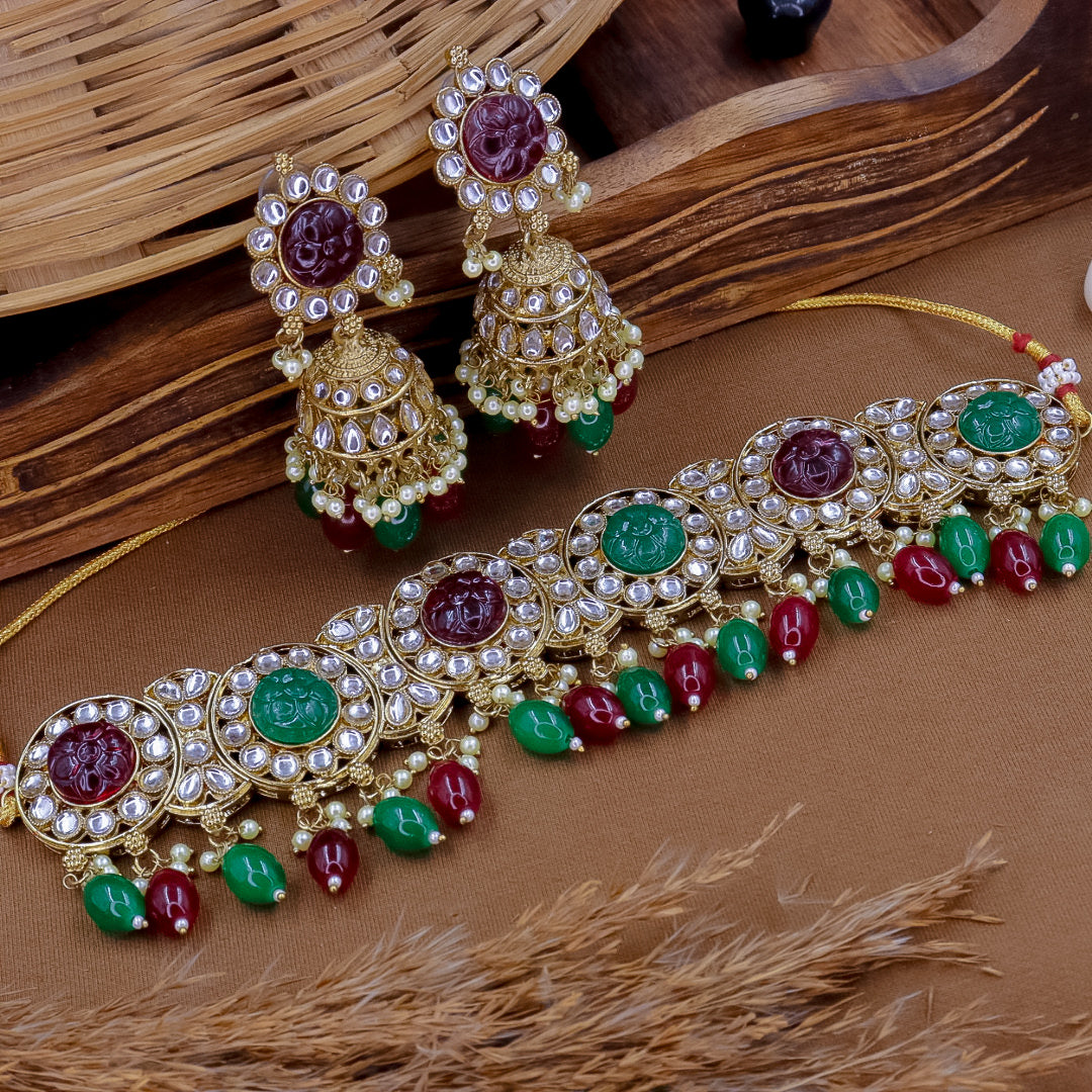 Suhila Kundan Set With Jhumka - Multi