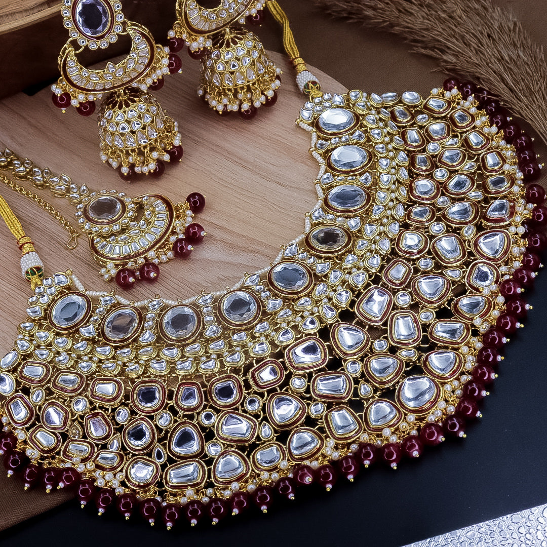 Nimrat Semi Bridal Choker Set With Jhumka + Teeka - Maroon