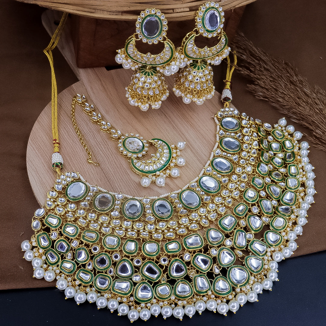 Nimrat Semi Bridal Choker Set With Jhumka + Teeka - White