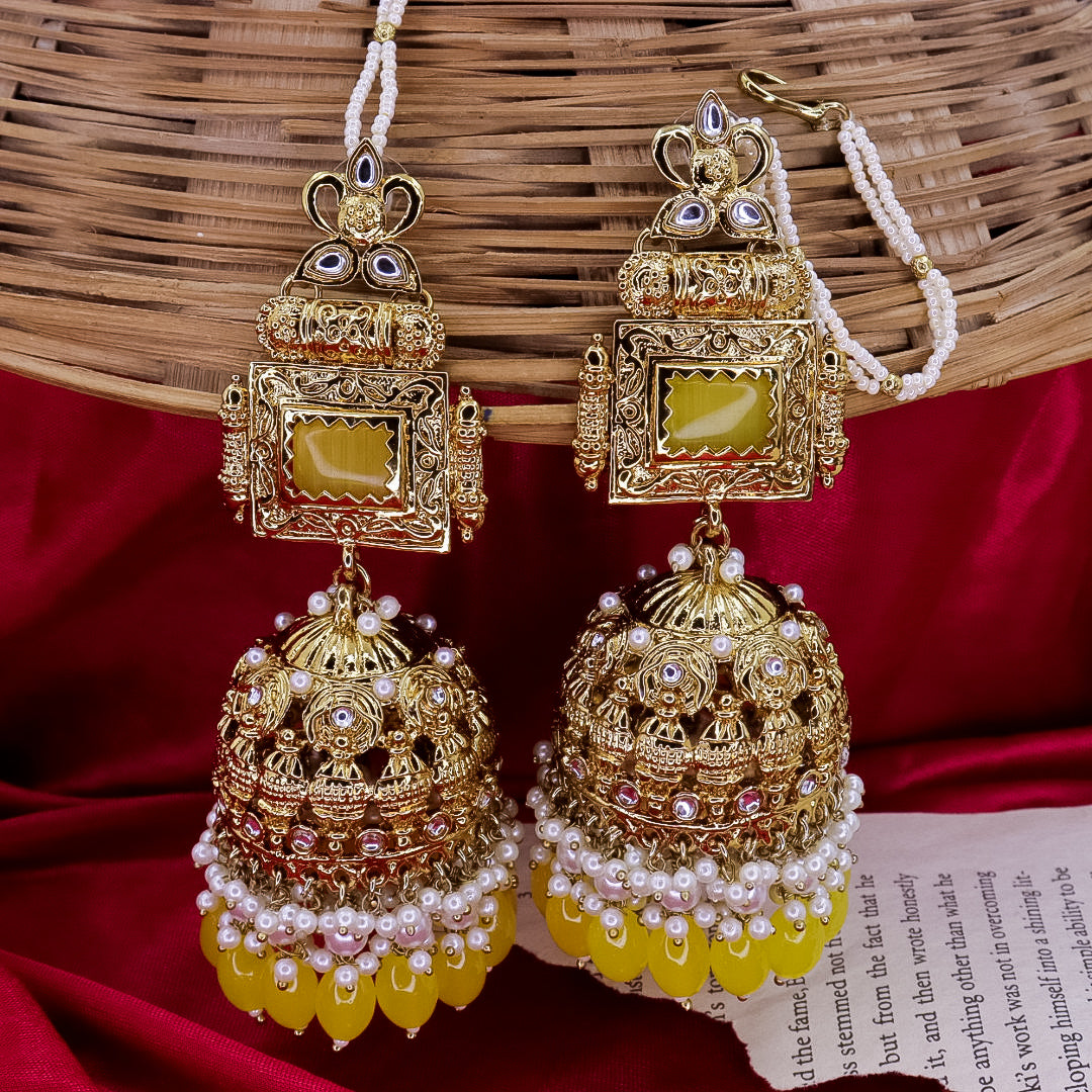 Simona Oversize Jhumka With Kanchain - Yellow