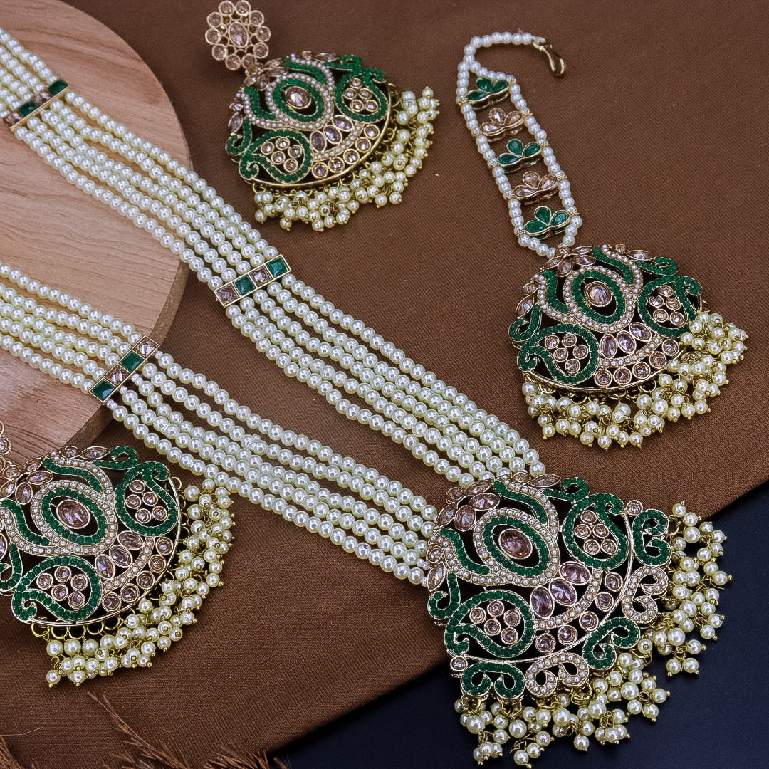 Nazneen Reverse AD Choker Set With Teeka + Earrings - Dark Green