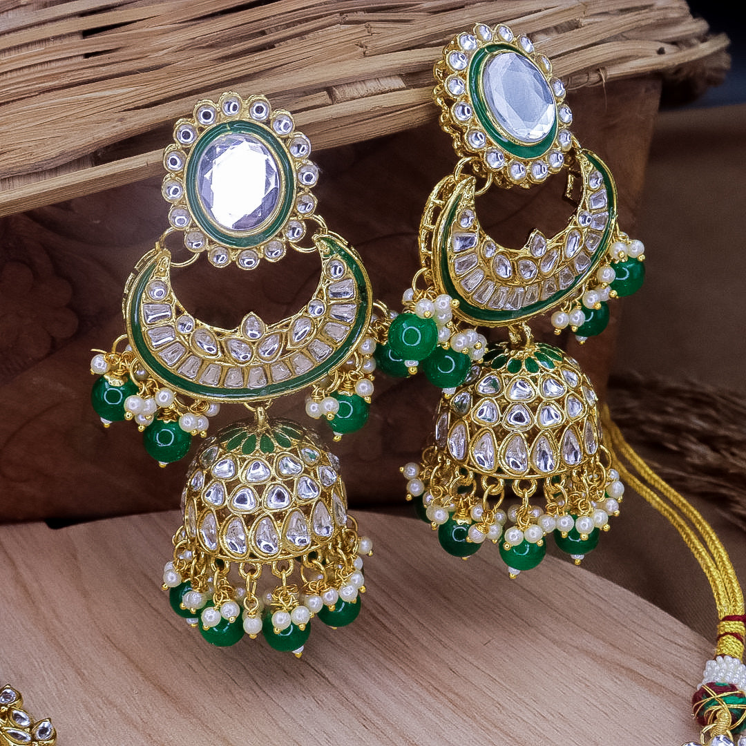 Nimrat Semi Bridal Choker Set With Jhumka + Teeka - Green