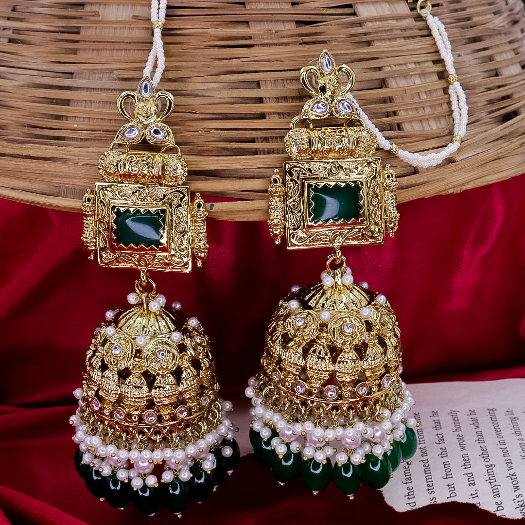 Simona Oversize Jhumka With Kanchain - Dark Green