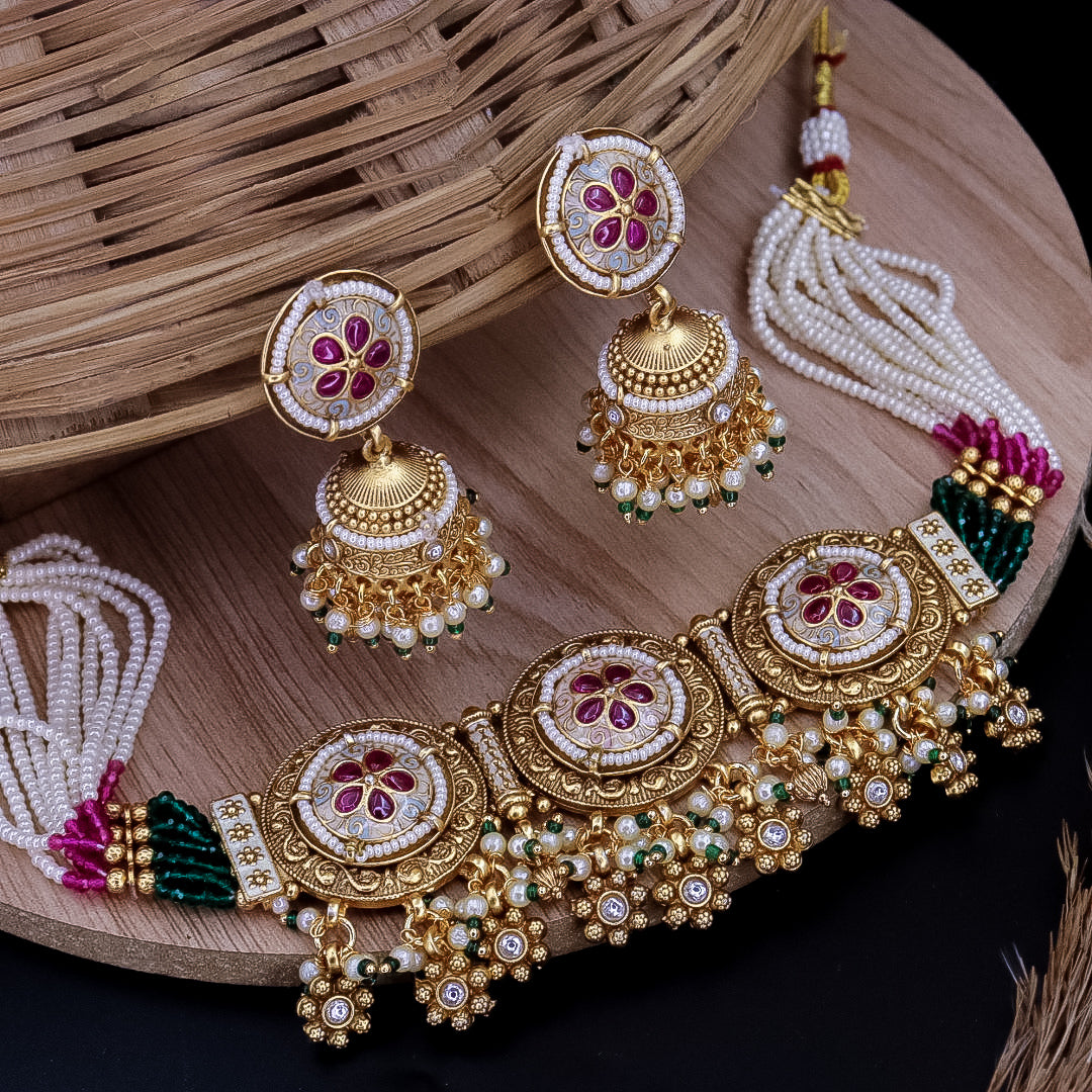 Kishver Premium Rajwadi Copper Choker Set With Jhumka