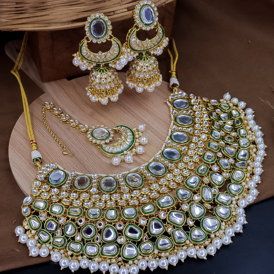 Nimrat Semi Bridal Choker Set With Jhumka + Teeka - White