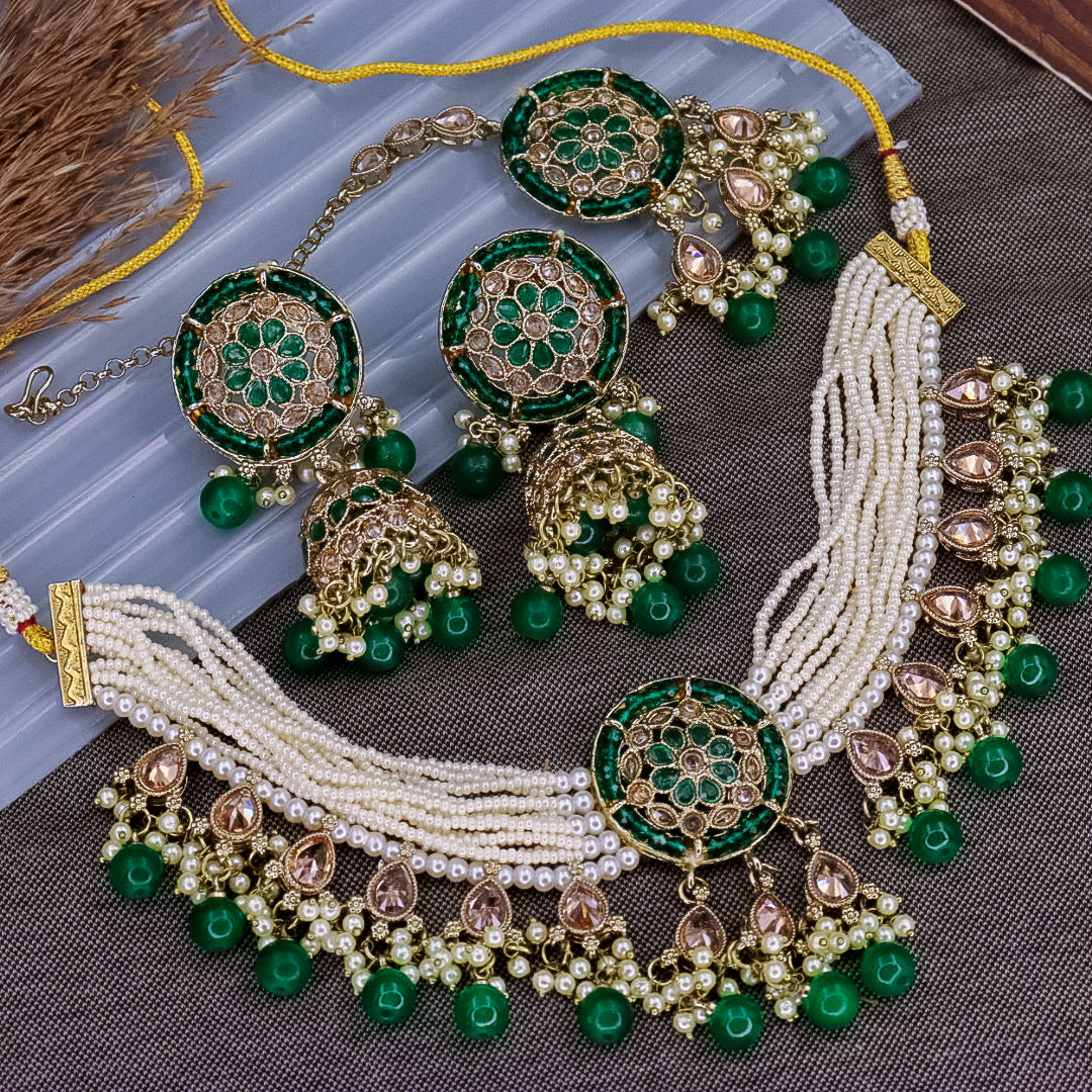 Shreya Reverse AD Choker With Mangtika And Earrings