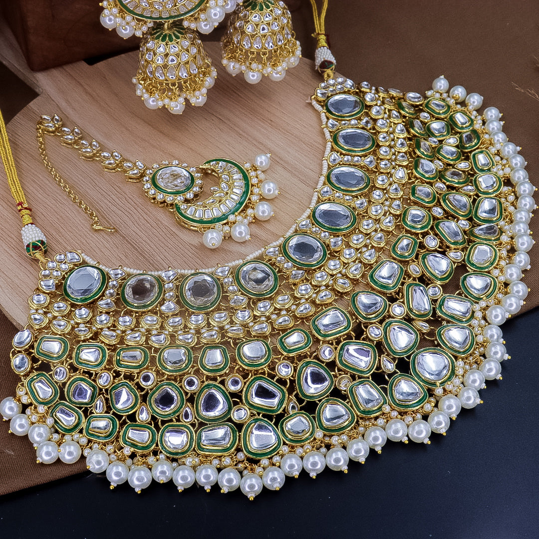 Nimrat Semi Bridal Choker Set With Jhumka + Teeka - White