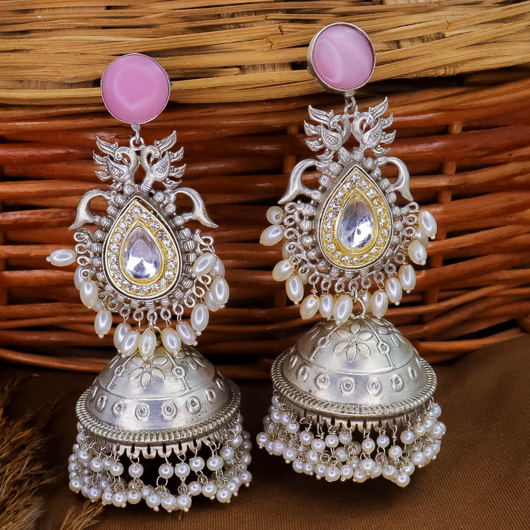 Moni Statement Brass Jhumka - Pink