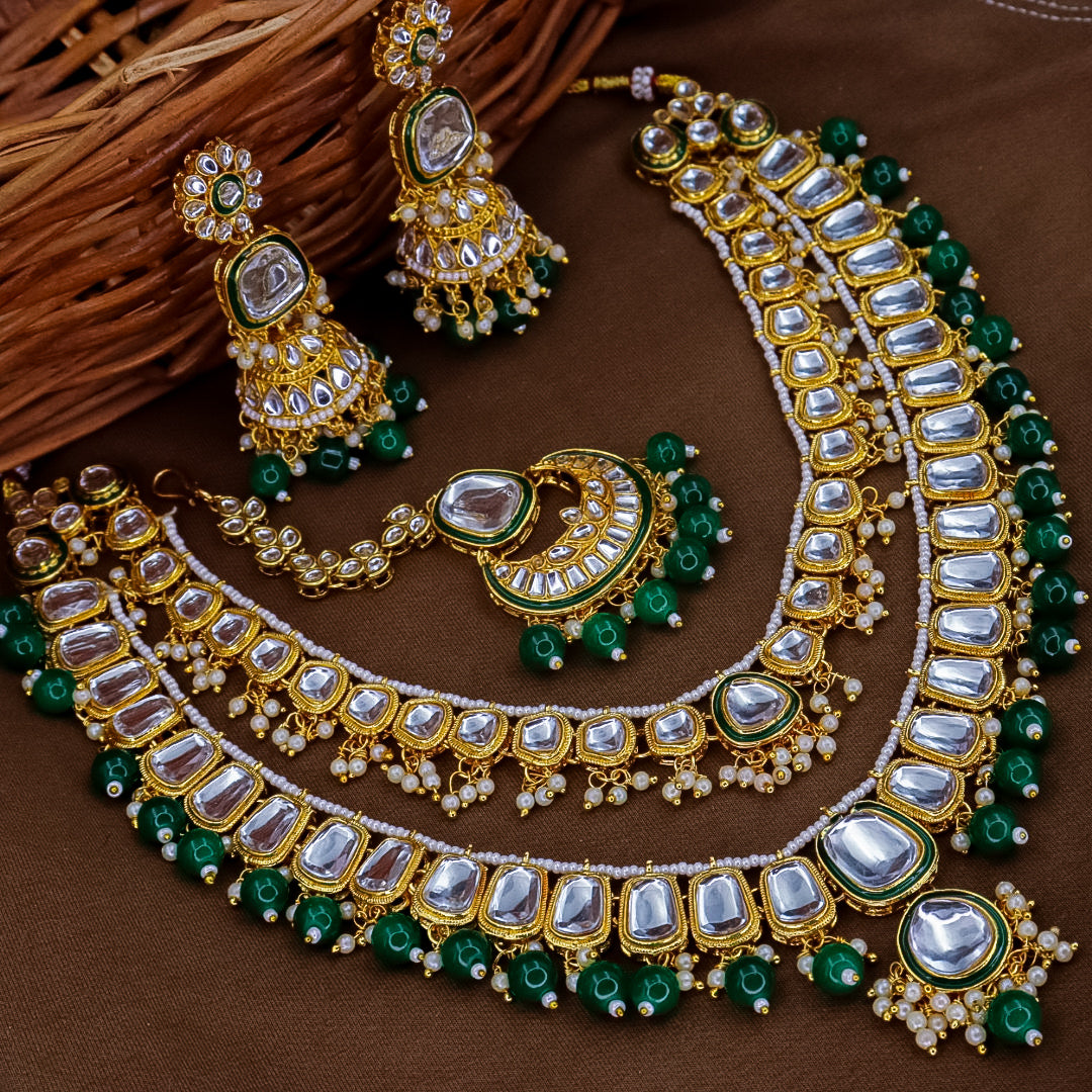 Green - Ansha Long 2 Layer Heavy Set With Jhumka And Mangtika