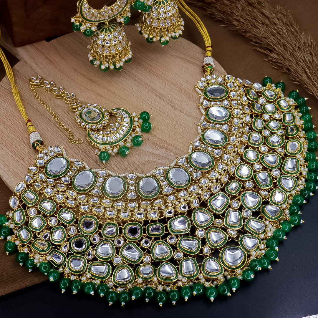 Nimrat Semi Bridal Choker Set With Jhumka + Teeka - Green