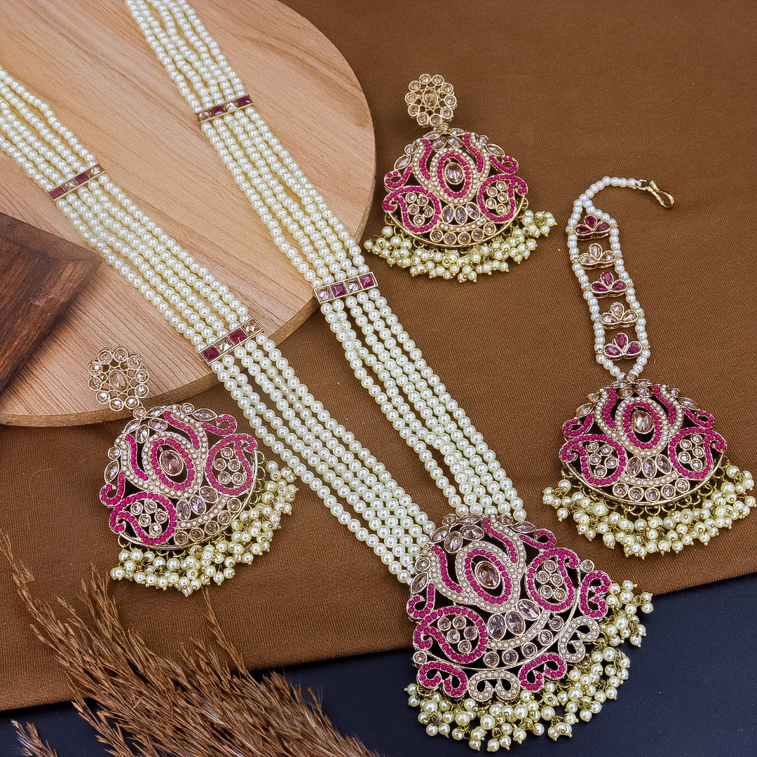 Nazneen Reverse AD Choker Set With Teeka + Earrings - Pink