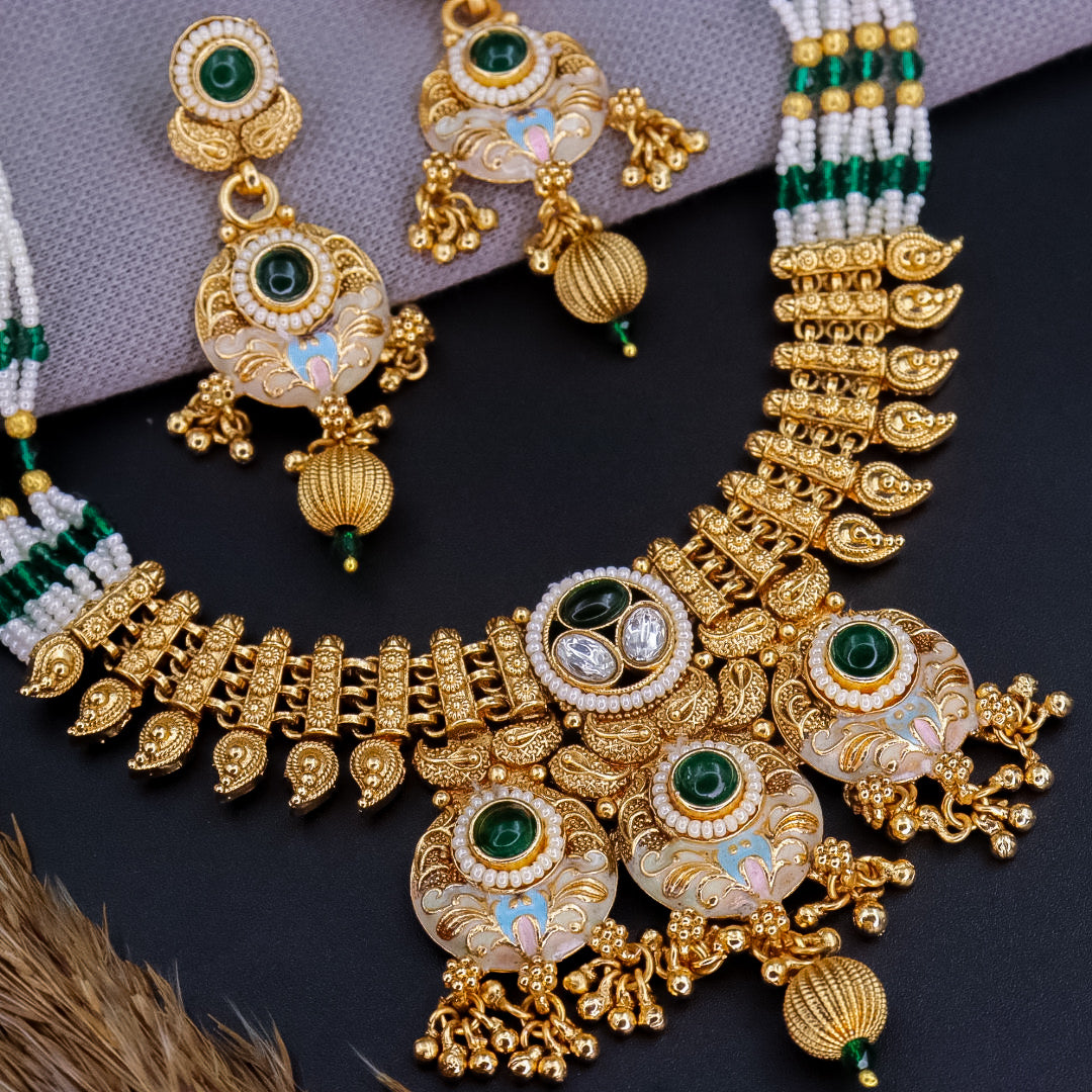 Pallavi Copper Ethnic Choker With Earrings - Dark Green