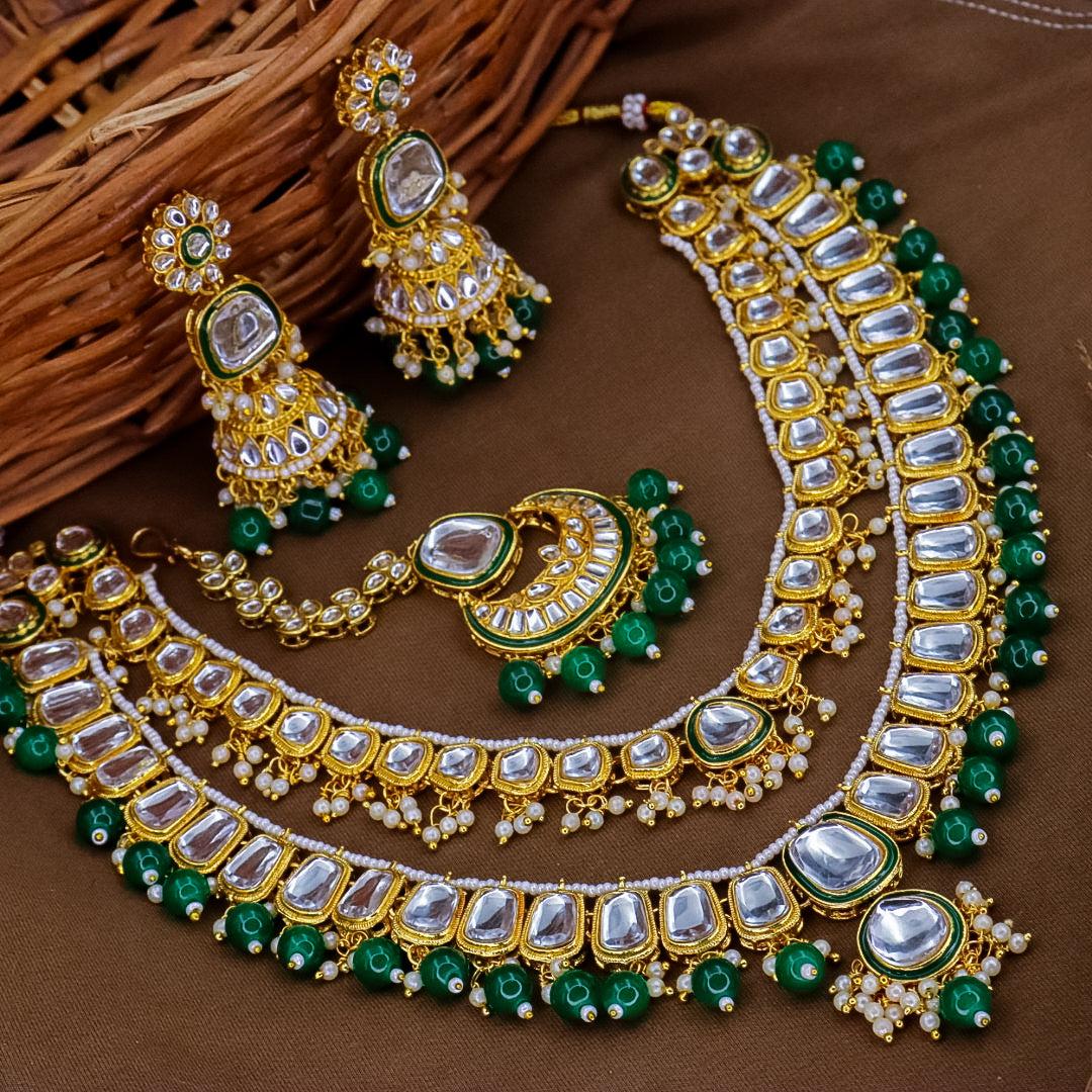 Green - Ansha Long 2 Layer Heavy Set With Jhumka And Mangtika