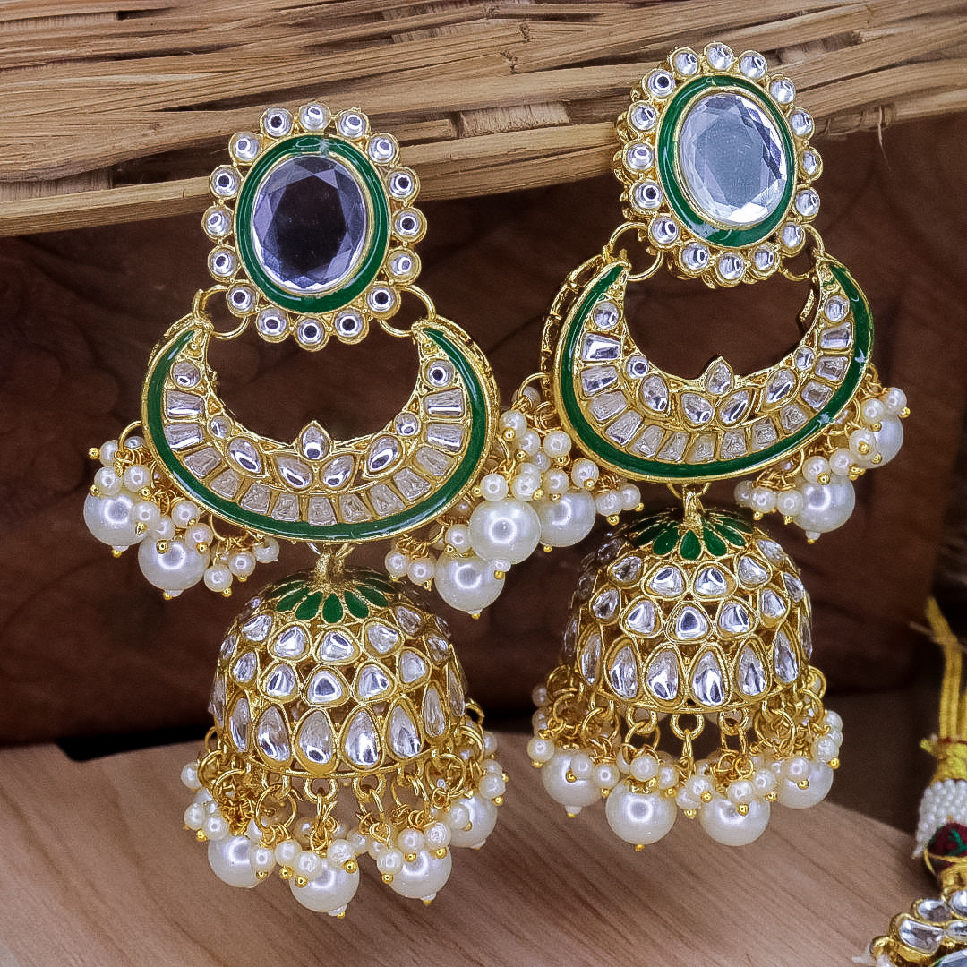 Nimrat Semi Bridal Choker Set With Jhumka + Teeka - White