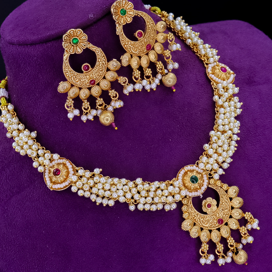 Kavya Copper Ethnic Pearl Choker With Earrings