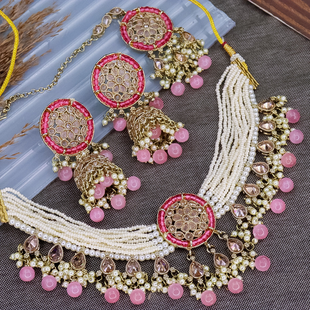 Shreya Reverse AD Choker With Mangtika And Earrings