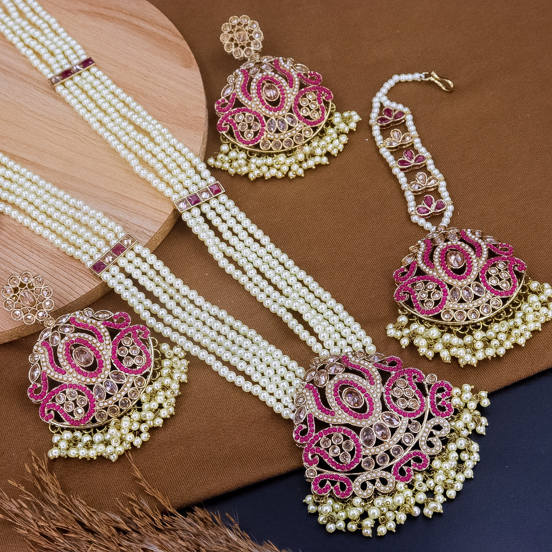 Nazneen Reverse AD Choker Set With Teeka + Earrings - Pink