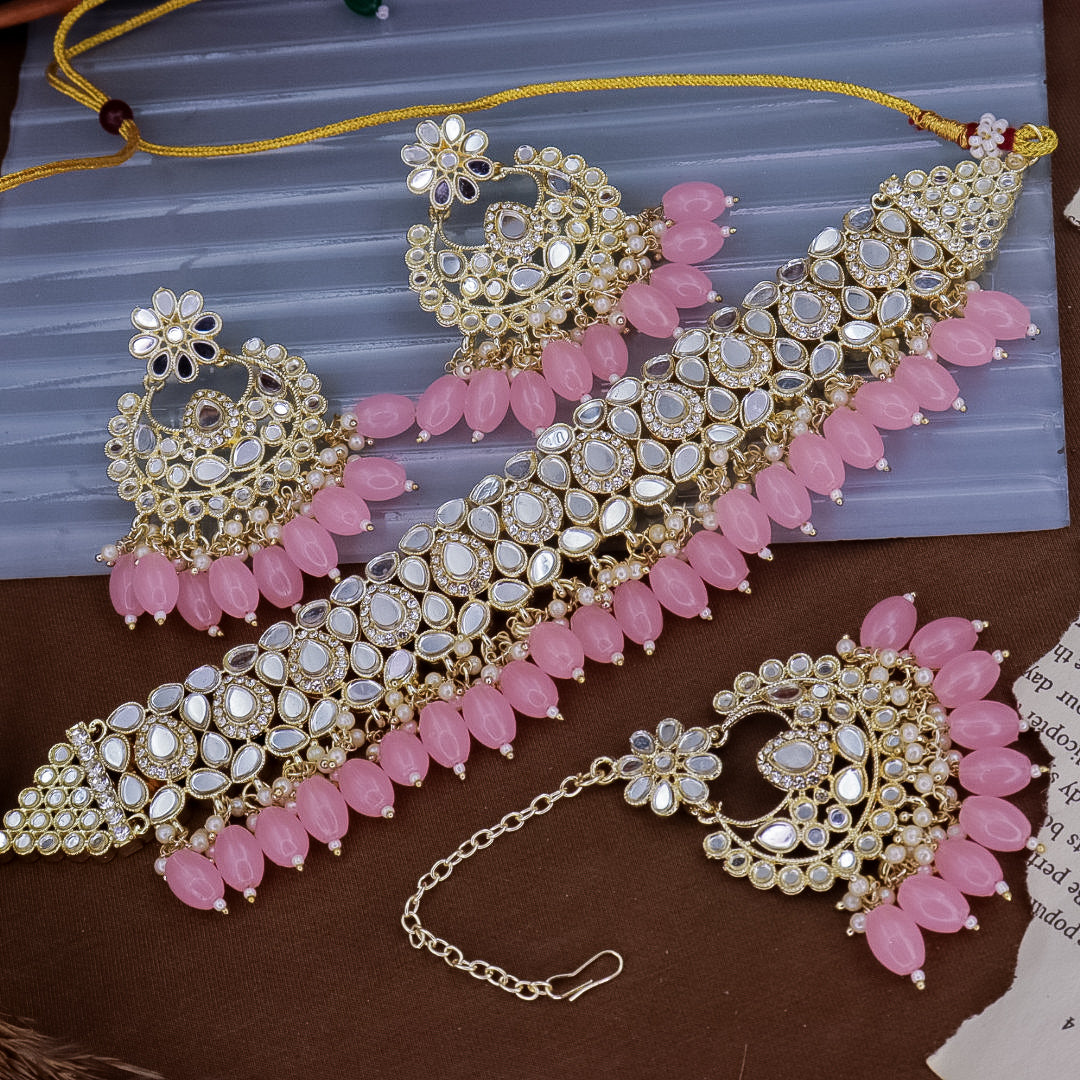 Amna Mirror Choker Set- Baby Pink