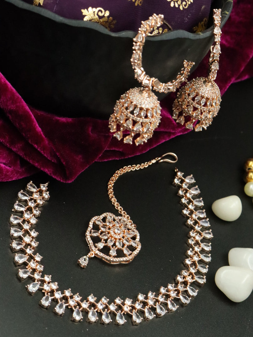 Rosegold Aleena American Diamond Choker With Jhumka & Teeka