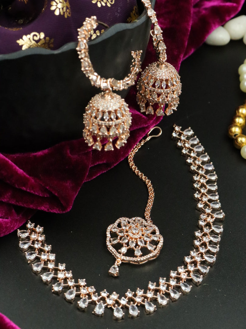 Rosegold Aleena American Diamond Choker With Jhumka & Teeka