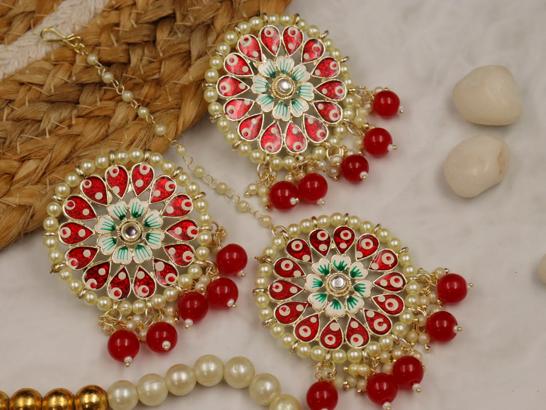 Saachi Meenakari Earrings With Teeka Set