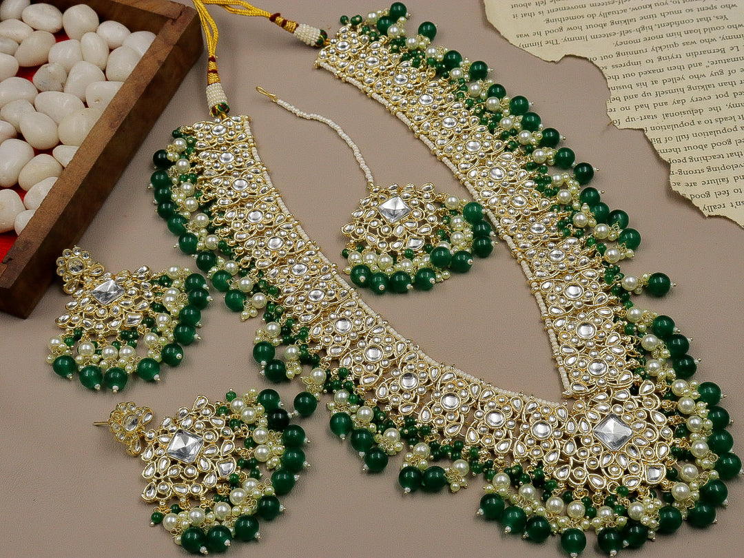 Alveera Long Kundan Necklace - Dark Green