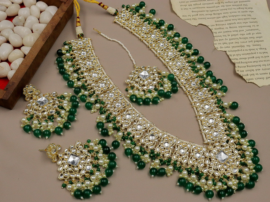 Alveera Long Kundan Necklace - Dark Green