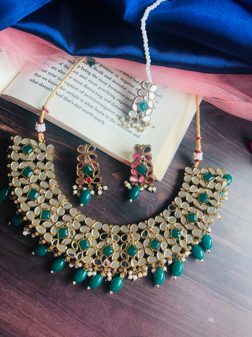 Zainab Mirror Choker Set With Earring &amp; Maang - Teeka